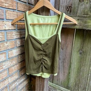 Anthropologie Two-Tone Layered Green Ruched Tank Top NWT